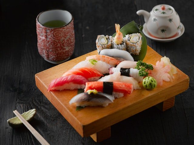 Sushi platter on a wooden board